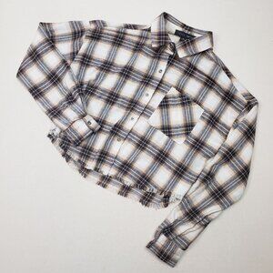 Faded Rose Women's Frayed Cropped Plaid Flannel Tan/Brown/Gold Shirt Sz S NEW!!!